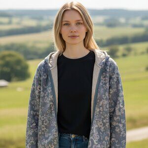 Isaac Mizrahi Womens White Blue Printed Long Sleeve Full Zip Hoodie Size 3X